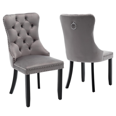 Set of 2 Velvet Dining Chairs with Knocker Ring, Grey
