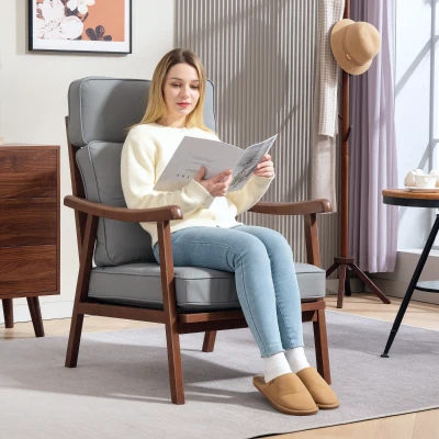 HOMCOM Sillón de Salón Tapizado en PU con Marco de Madera Cojines Acolchados Gruesos Gris y Madera Nogal