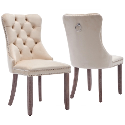 Set of 2 Velvet Upholstered Dining Chairs with Button Tufted Back, Beige