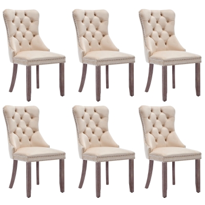 Set of 6 Velvet Upholstered Dining Chairs with Button Tufted Back, Beige