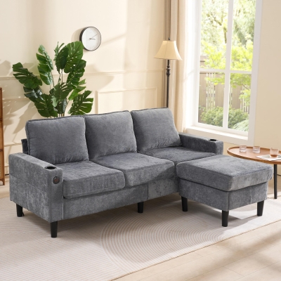 L-Shaped Corner Sofa with USB Charging Ports, Grey