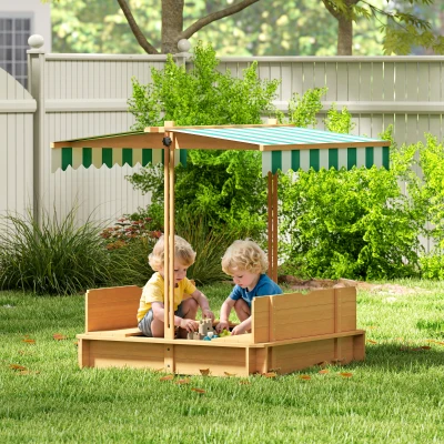 Outsunny Caixa de Areia para Crianças de Madeira com Toldo Ajustável em Altura 2 Bancos e Encostos para Jardim 106x106x121 cm Natural