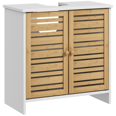 HOMCOM Mueble para Debajo del Lavabo Moderno con Puertas Magnéticas de Bambú y Estante Ajustable 60x30x60 cm Blanco y Natural
