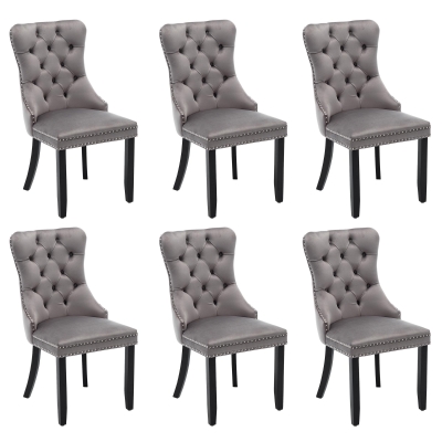 Set of 6 Velvet Dining Chairs with Button Tufted Backrest, Grey