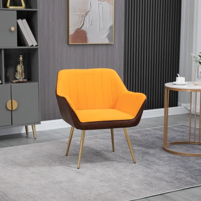 HOMCOM Poltrona de Sala de Estar Estofada em Couro Sintético e Veludo com Apoios para os Braços Pés Dourados 64x62x72,5 cm Amarelo