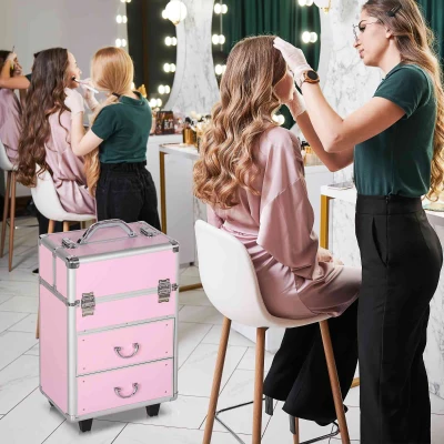 HOMCOM Trolley Maquillage Rose Alu ABS 58cm