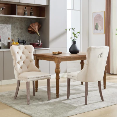 Set of 2 Velvet Upholstered Dining Chairs with Button Tufted Back, Beige