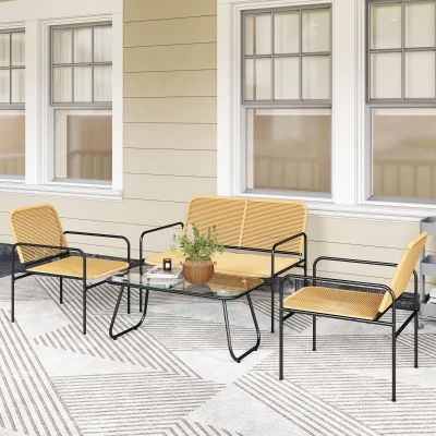 Outsunny Conjunto de Muebles Jardín Exterior de Ratán de 4 Piezas con Sofá Sillones y Mesa de Tablero de Vidrio Natural