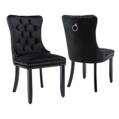 Set of 2 Velvet Dining Chairs with Button Tufted Backrest, Black