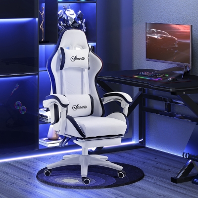 Vinsetto Cadeira Gaming de Couro PU com Altura Ajustável Reclinável 135° e Apoio para os Pés Retrátil 65x65x121-129 cm Branco e Preto