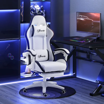 Vinsetto Cadeira Gaming de Couro PU com Altura Ajustável Reclinável 135° e Apoio para os Pés Retrátil 65x65x121-129 cm Branco e Preto