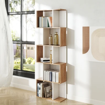 HOMCOM Estantería en Forma de S Alta con 5 Estantes Diseño Moderno para Salón Oficina 60x24x184,5cm Blanco y Madera(m-2)