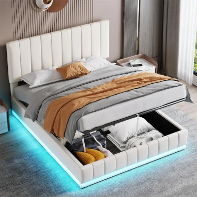 5ft Upholstered King Bed with Hydraulic Storage, Cream White