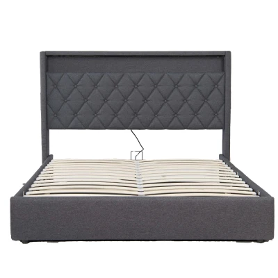 4ft6 Upholstered Double Bed Frame with Hydraulic Storage, Grey