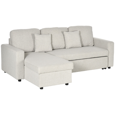 HOMCOM Slaapbank Hoekbank met Bedfunctie, inclusief 2-Zits Sofa, Eenpersoonsbed, L-vorm met Opbergruimte, 2 Kussens Crèmewit