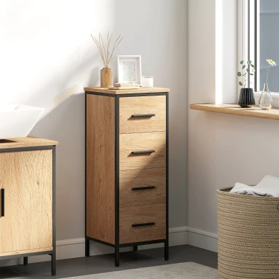 HOMCOM Armario de Baño Mueble de Baño Estrecho Cajonera con 4 Cajones y Estructura de Acero 30x30x82 cm Roble