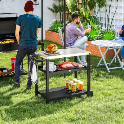 Outsunny Carrinho de Barbecue de 3 Níveis Carrinho de Serviço com Prateleiras Bancada em Aço Inoxidável 102x50x81 cm Cinza Carvão