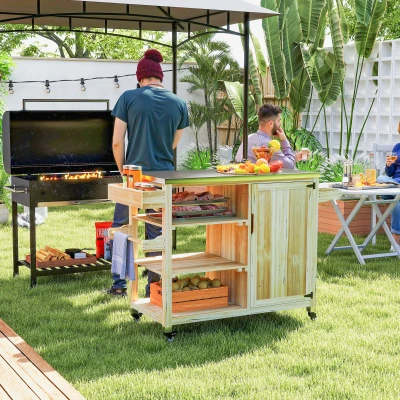 Outsunny Carrinho de Barbecue de Madeira Carrinho de Serviço com Prateleiras Armário Bancada de Aço Inoxidável 134,5x50x91,5 cm Madeira