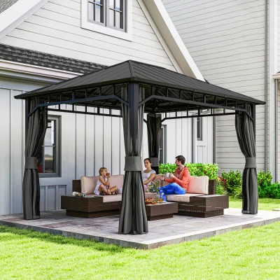 Outsunny Garten-Pavillon, Metallpavillon, wasserfest, UV-beständig, Terrassenpavillon mit Netzwänden und Vorhängen, Dunkelgrau