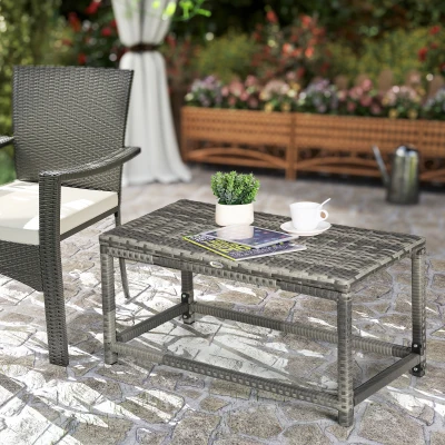 Outsunny Outdoor Rattan Coffee Table Rectangular Patio Mixed Grey