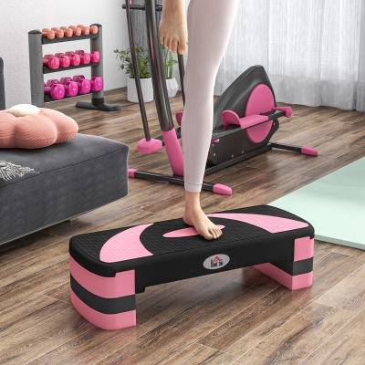 HOMCOM Step de Aeróbic para Fitness Antideslizante con Altura Regulable 3 Niveles de 10/15/20 cm Carga 150 kg 80x31x20 cm Rosa