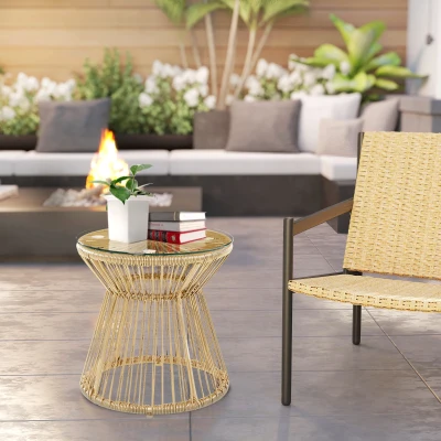 Outsunny Rattan Round End Table Glass Top Natural