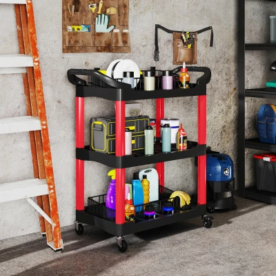 HOMCOM Carrello Porta Attrezzi 3 Livelli in Plastica e Ruote Rosso