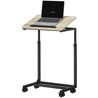 HOMCOM Bijzettafel, Bureau, Nachtkastje, In Hoogte Verstelbaar, 4 Wielen, Metalen Frame