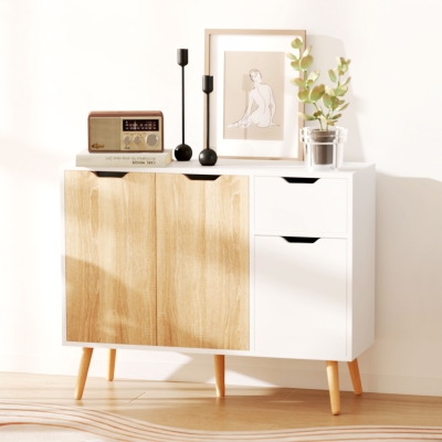 HOMCOM Sideboard mit Schrank und Schubladen Kommode Nachttisch Beistellschrank im skandinavischen Design viel Stauraum MDF Spanplatte Weiß+Natur 90 x 30 x 72 cm