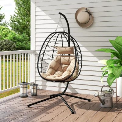 Outsunny Cadeira Suspensa com Suporte Baloiço Jardim com Cesto Dobrável Almofada e Apoio de Cabeça 98x95x198 cm Caqui
