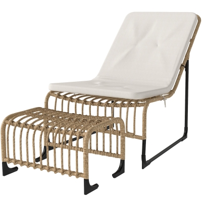 Outsunny Rattan Relaxfauteuil met Voetenbank UV-bestendig Tuinfauteuil met Kussen en Banden 65 x 93 x 80 cm Natuurhout