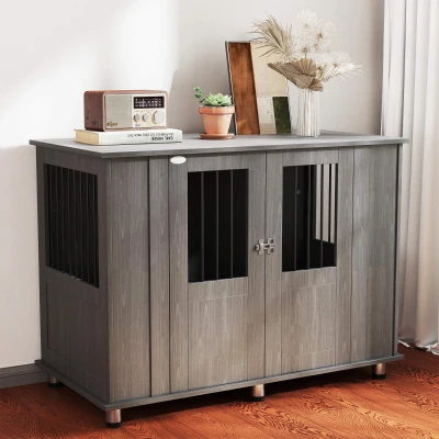 PawHut Jaula para Perros Grandes 2 en 1 Mesa Auxiliar con Puertas con Pestillo Ventanas y Patas Ajustables 114x60x82 cm Gris
