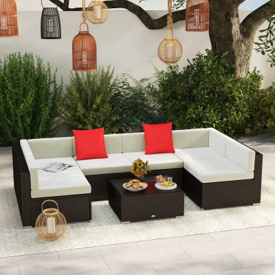 Outsunny Gartenmöbel Set Rattan Sessel Couchtisch 7tlg. mit Kissen Balkon im Freien