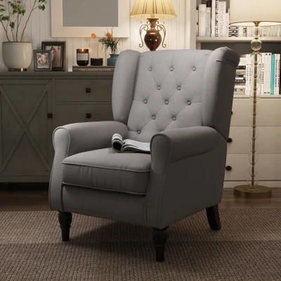 HOMCOM Ohrensessel Sessel mit Tufting, hoher Rückenlehne, Gepolstert Loungesessel mit abgerundeten Armlehnen, Holzbeine, für Schlafzimmer, Wohnzimmer, bis 160 kg, Grau