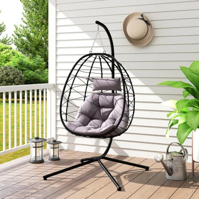 Outsunny Cadeira Suspensa com Suporte Baloiço Jardim com Cesto Dobrável Almofada e Apoio de Cabeça 98x95x198 cm Cinzento