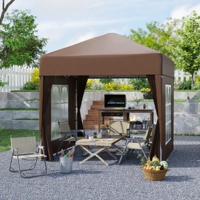 Outsunny Faltpavillon, Bierzelt, 4 abnehmbare Seitenwände, 2 Fenster, Metallrahmen, 2 x 2m, Braun