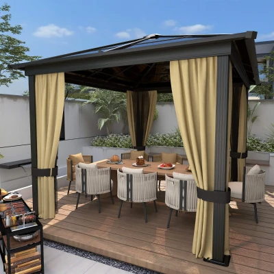 Outsunny Pavillon mit Polycarbonatdach, Vorhänge mit Fliegennetz, Alugestell, braun+beige, 3,6 x 3 x 2,6 m
