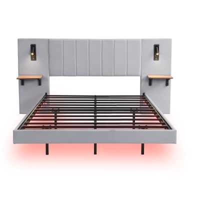 Upholstered Double Bed with Headboard Storage, Grey