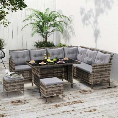 Outsunny 8-Seater Rattan Sofa Set with Cushions & Glass