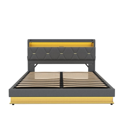 Modern Upholstered Double Bed with Hydraulic Storage, Grey