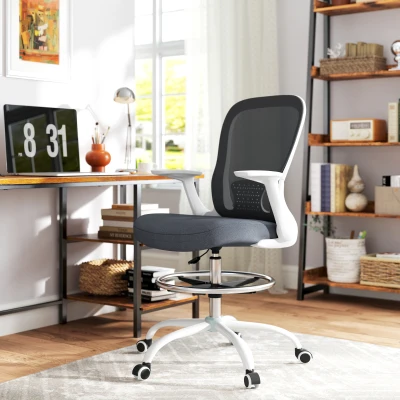 HOMCOM Ergonomic Draughtsman Chair Grey with Flip-up Armrest