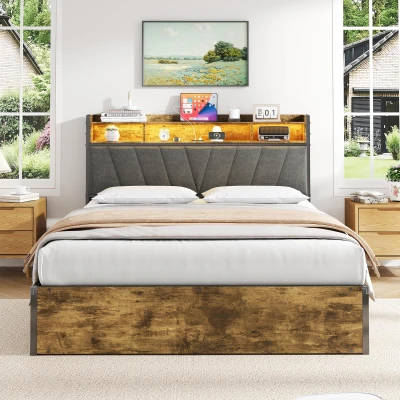 Double Bed Frame with RGB LED Headboard, Black+Walnut