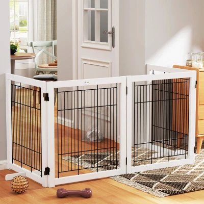 PawHut Türschutzgitter Holz Absperrgitter für Hunde Schutzgitter Hundegitter Sicherheitstür Bidirektionales Falten Stahl Weiß 305 x 35,5 x 82 cm