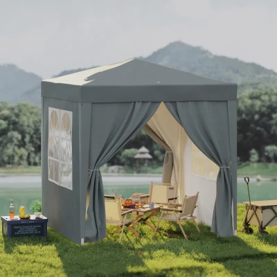 Outsunny Gartenpavillon Faltzelt Barnum Pop-up 2 x 2 m 4 abnehmbare Seitenwände 2 Fenster Transporttasche, Grau