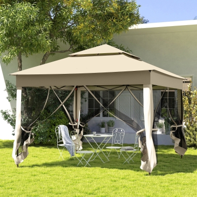 Outsunny Tenda Dobrável de Exterior Tenda de Jardim com Teto Duplo Rede Mosquiteira Amovível 325x325x270 cm Creme