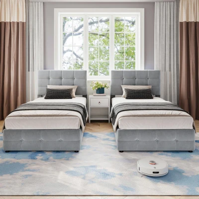 Double Bed with Velvet and Iron Frame, Grey