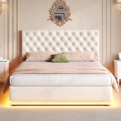 Ottoman Double Bed with LED Lighting, Beige