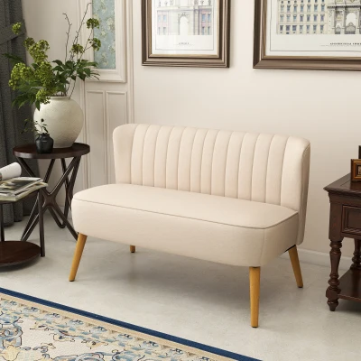 HOMCOM Sofa Retrodesign 2-Sitzer-Sofa, Holzbeine, 117 cm x 56,5 cm x 77 cm, Cremeweiß