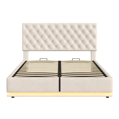 Ottoman Double Bed with LED Lighting, Beige