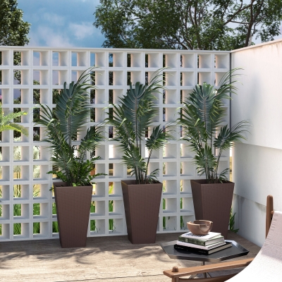 Outsunny Conjunto de 3 Macetas Cuadradas para Plantas Flores 3 Maceteros con Efecto de Símil Ratán para Jardín Terraza Interior y Exterior 36,5x36,5x61 cm Marrón